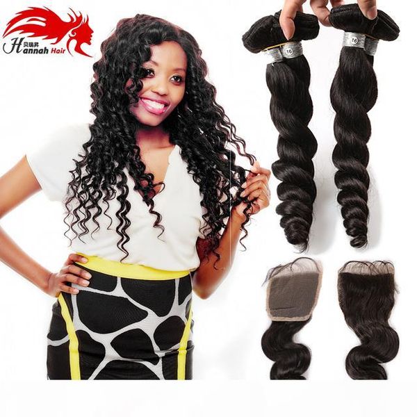 

virgin malaysian curly hair loose curly 3 bundles with 4x4 lace closure loose wave weave online dhgate, Black