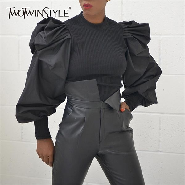 

twotwinstyle causal patchwork knitting ruched women's sweaters o neck lantern long sleeve sweater for female fashion clothes new lj2008, White;black