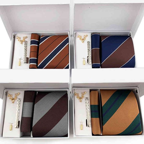 

necktie scarf corbata 2021 men's striped tie gift box 6-piece pocket collar clip cuffs, Blue;purple