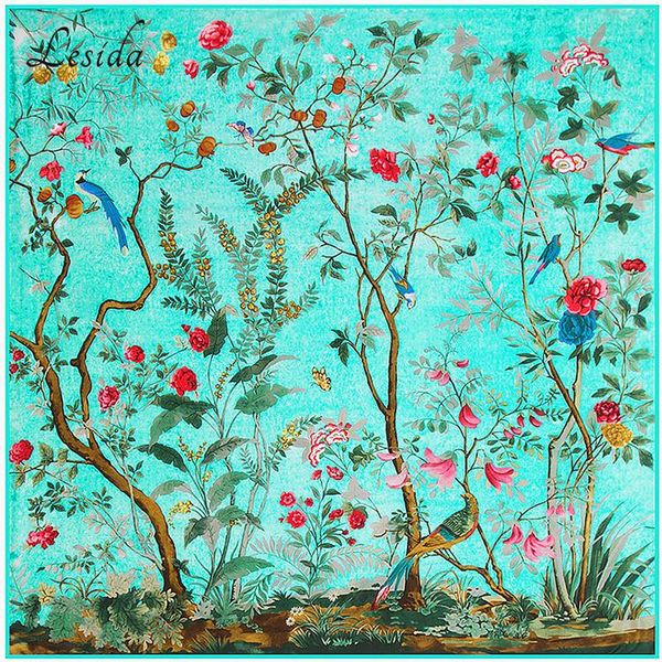 

scarves fashion korean joker print silk shawl ladies brand scarf shawls stole big size twill bird pattern wholesale 130*130, Blue;gray