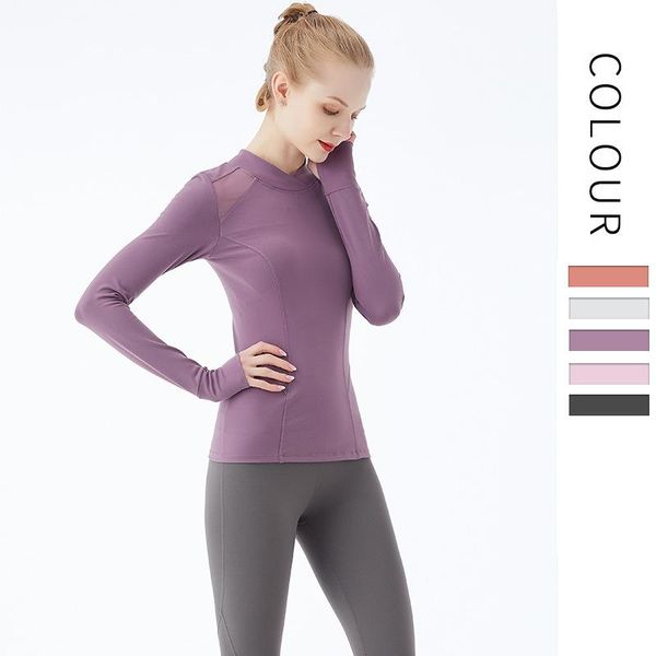 

yoga outfits crop wear ins wind net yarn slim color elastic and breathable tight workout gym long-sleeved t-shirt sportswear 2021, White;red