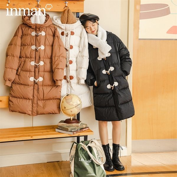 

inman 2020 winter new arrival duck down jacket women's long scarf horn buckle loose hooded jacket lj201128, Black