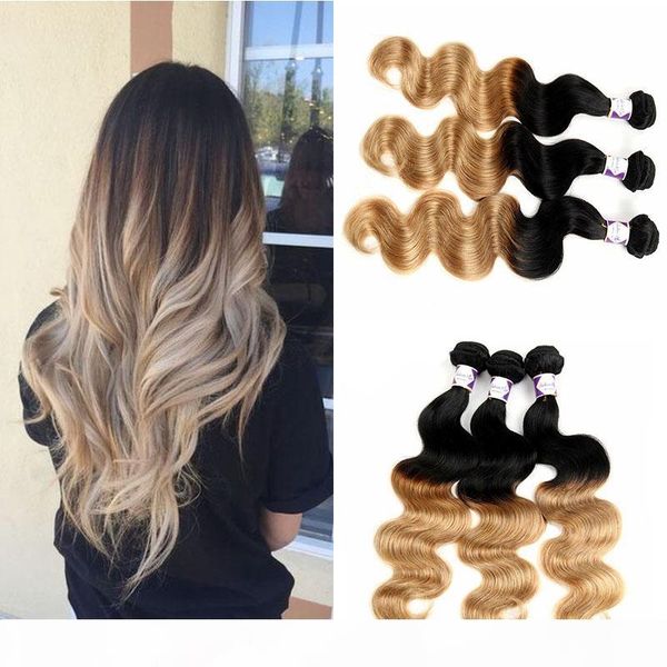 

ombre hair weave 3 bundles two tone black honey blonde 1b 27 ombre brazilian body wave human hair extensions 10-30 inch length