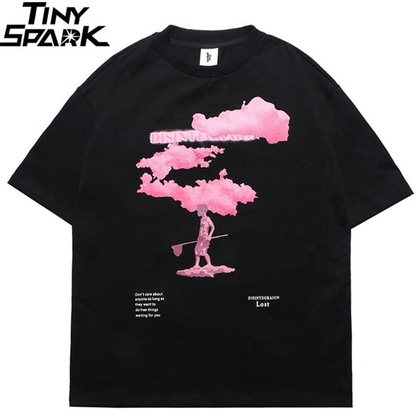 

streetwear harajuku tshirt pink cloud hip hop t shirt men summer short sleeve t-shirt cotton fashion black tees hiphop 220315, White;black