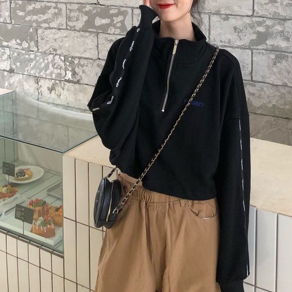 

0jdoz zipper half-high collar autumn long-sleeved women's short sweater 2020 new korean style waist slimming loose sweater cmm5d, Black
