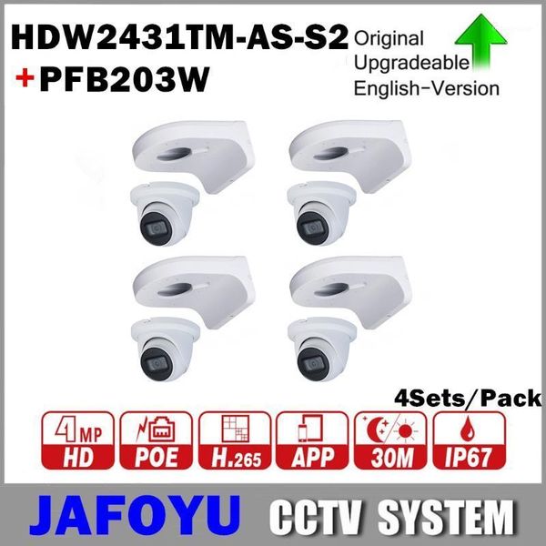 

4sets/pack including 4pcs dh hdw2431tm-as-s2 4mp wdr ir eyeball network camera ipc-hdw2431tm-as-s2 with poe p2p + 4pcs pfb203w1