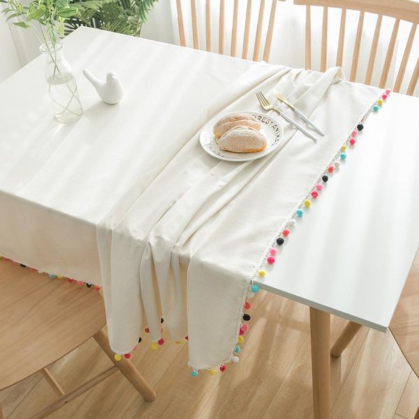 

solid cotton linen table cover rectangular ball edge dustproof white tablecloth home wedding party decor dining table cloth jllyvr