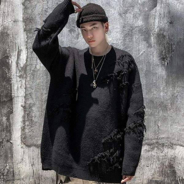 

hip hop streetwear knitted sweater 2021 men vintage retro plain ripped sweater pullover cotton harajuku casual loose, White;black