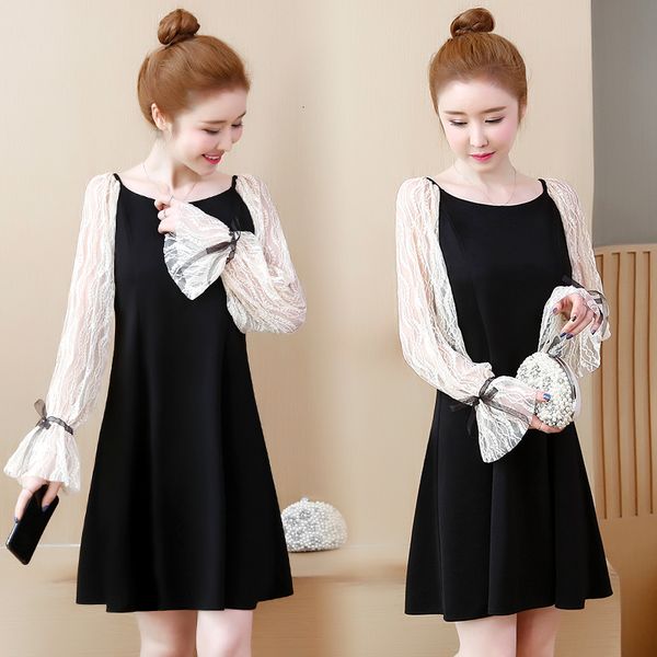 

women plus size dressed in blouses lace sleeves patchwork loose ocasional thin dresses i0r6, Black;gray