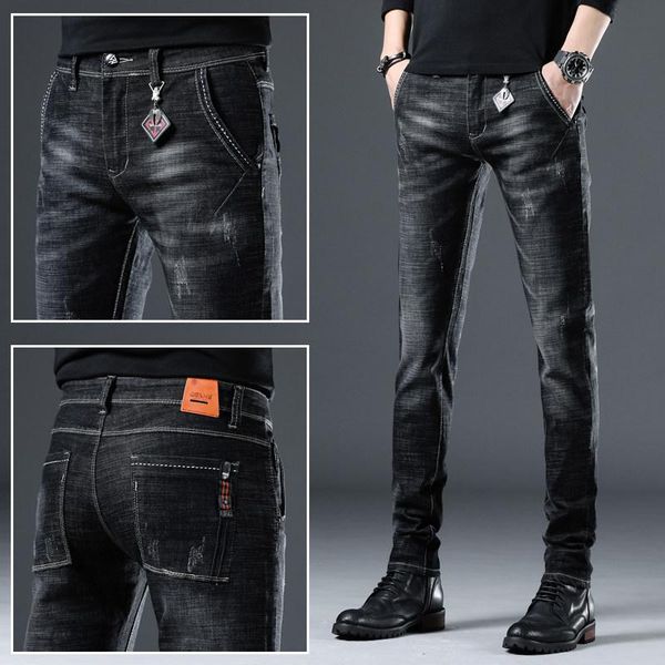 

high-end 2020 fashion black jeans mens stretch brand korean trend slim feet men's casual spring autumn teenagers pencil trousers, Blue