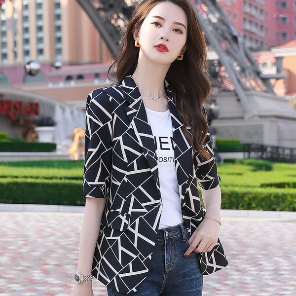 

women's suits & blazers plaid blazer female 2021 spring temperament slim half sleeve office ladies fashion work coat black white1, White;black