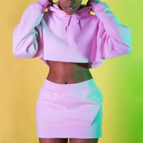 

2pcs set женщины толстовка с длинным рукавом толстовка с капюшоном crop топы топ карманный юбка карандаш bodycon юбки set, Gray