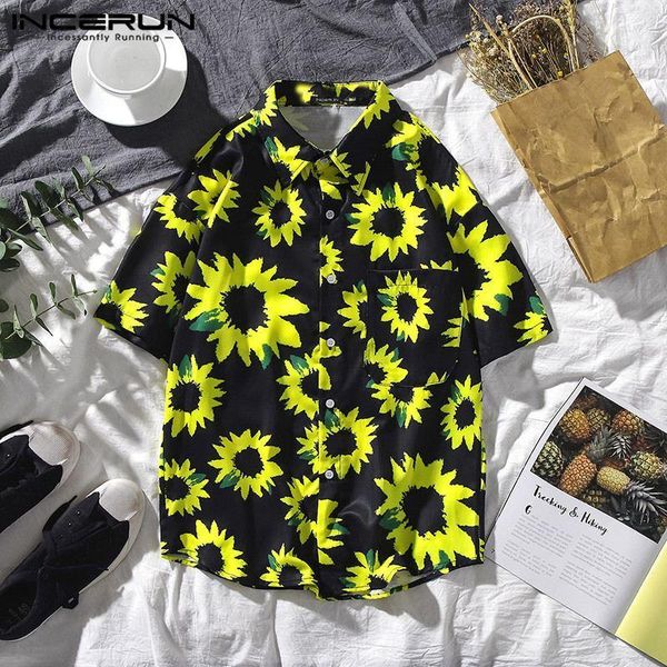 

incerun 2020 men hawaiian shirt floral printed short sleeve lapel streetwear breathable blouse summer casual beach camisa s-5xl1, White;black