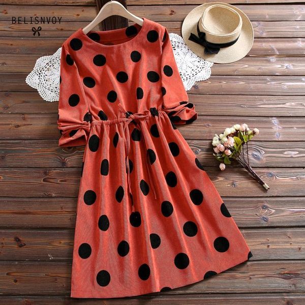 

2020 new japanese mori girl corduroy dress women polka dot printed long sleeve slim waist vestidos autumn winter dresses lj201203, White;black