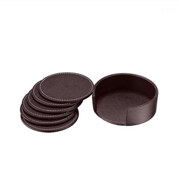 

table runner coasters for drinks,leather with holder set of 6,protect furniture from water marks scratch and damage (brown)1