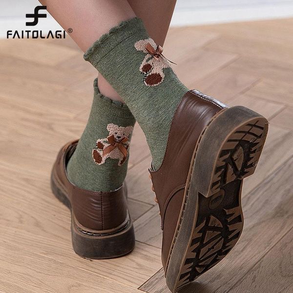 

cute cartoon bear women socks japanese bow soft cotton socks autumn winter ruffles warm girls crew sokken1, Black;white