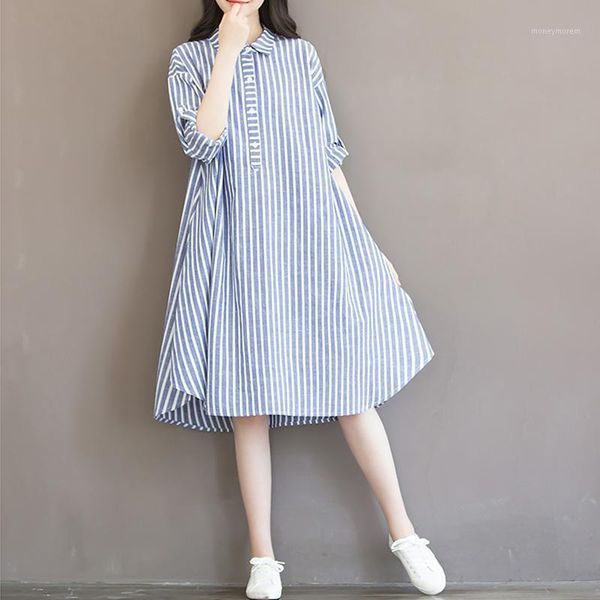 

casual dresses 2021 women blue striped sashes dress lady half sleeve turn-down collar a-line party vintage summer dresses1, Black;gray