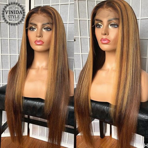 

vinida style highlight straight t-part lace front human hair wigs scalp closure wigs with baby hair 150% density non-remy, Black;brown
