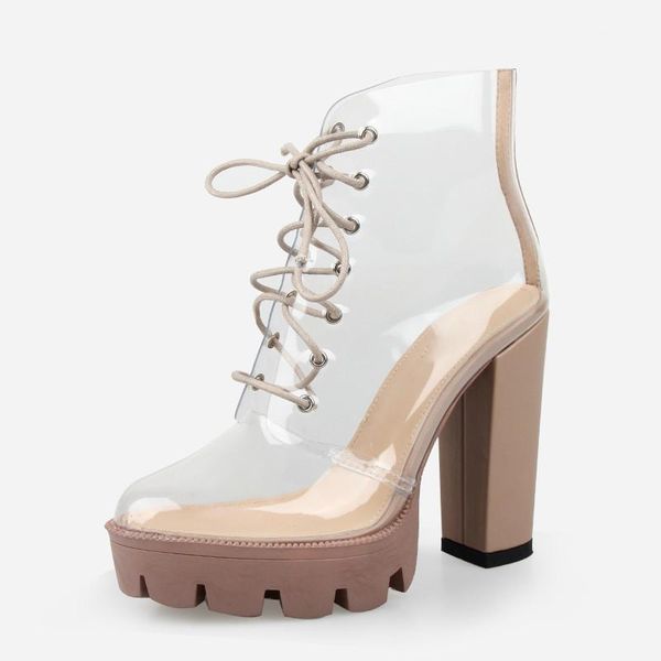 

2020 new summer transparent rain boots square heels round toe waterproof platform thick with matching high heel lace-up boots1, Black