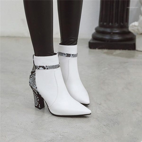 

ymechic autumn winter patchwork snake print fashion wedding party shoes high heels white black ladies riding ankle boot big size1