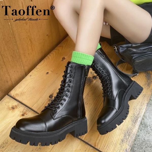 

boots taoffen real leather women mid calf cross strap side zipper shoes fashion warm office footwear size 35-39, Black