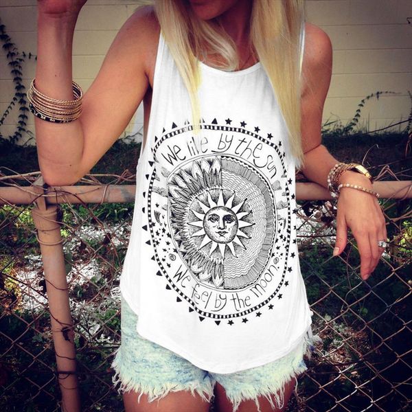 

2020 summer fashion women sun printed boho ladies daily shirts loose casual sleeveless vest tee shirt tank clothes, White
