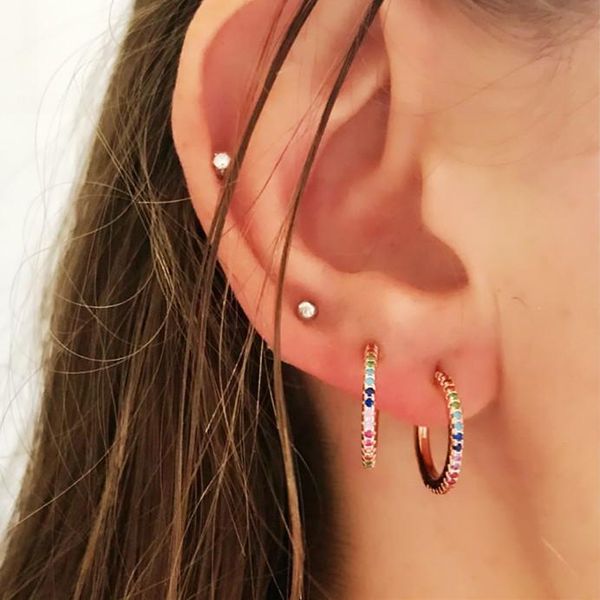 

stud 2021 micro pave cz circle earrings with blue red stone mix rainbow rose gold earring girl women jewelry, Golden;silver