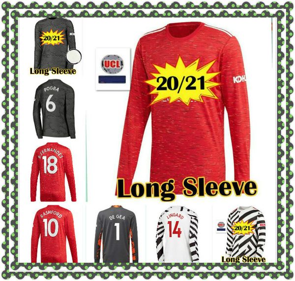 

20 21 pogba rashford mens long sleeve soccer jerseys lingard mata matic martial james cavani home away 3rd de gea goalkeeper football shirt, Black;yellow
