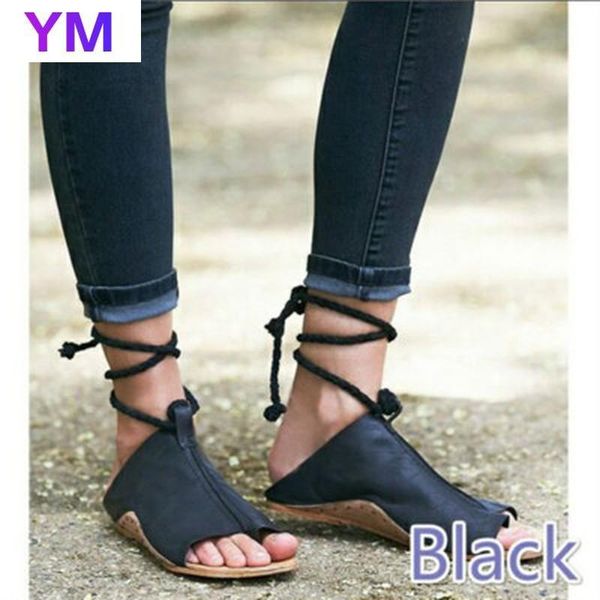 

2021 summer new style rome style plus size toepost women sandals solid color fish mouth lace-up flats heel shoes size 35-43, Black