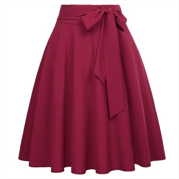 

u swear women high waist skirts self tie bow knot embellished big swing keen length elegant retro a line skirt faldas mujer, Black