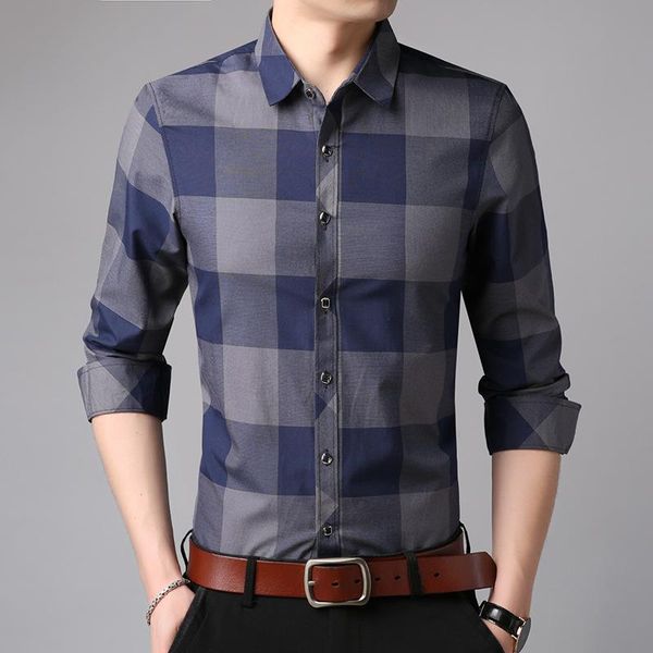 

men's casual shirts 2021 cotton plaid long-sleeved shirt men slim version business boutique male lapel, White;black
