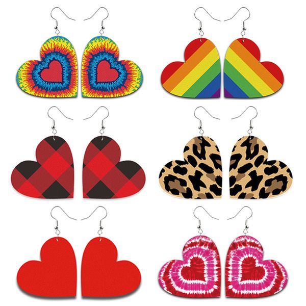 

leopard heart-shaped leather earring for women handmade lightweight valentine's day earring statement plaid dangle earrings kimter-k356