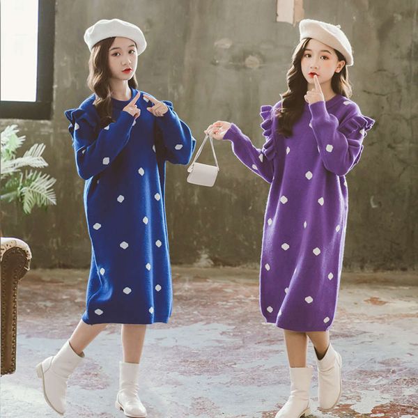 

long sve and autumn girls' sweet children's skirt spring drs lotus leaf sweater medium length women, Blue