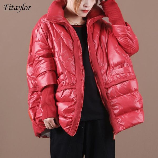 

fitaylor 2020 winter jacket stand collar oversized 90% white duck down parkas patchwork zipper windproof snow warm coat outwear, Black