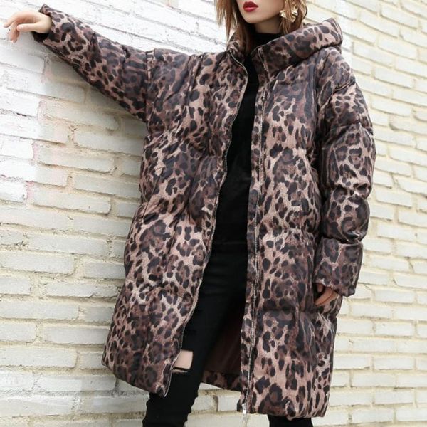 

winter women's jacket fashion hooded leopard print parkas long sleeve cotton-padded warm coat oversize loose outerwear l16411, Black