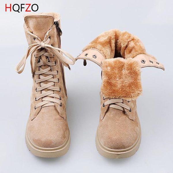 

wohdhe flock women ankle boots platform snow boots lace up warm plush winter female safety botas khaki soft comfortable, Black