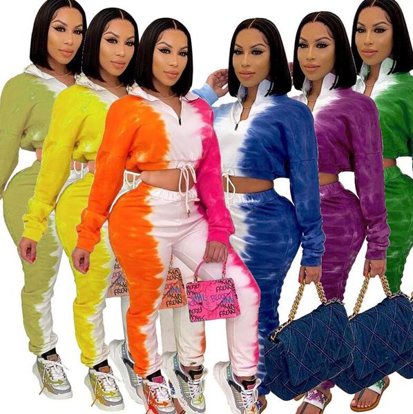 

вершины crop gradient tie-dye женщины tracksuit с длинным рукавом отложным воротником половина молния свитер + леггинсы брюки нижнее sportwe, White
