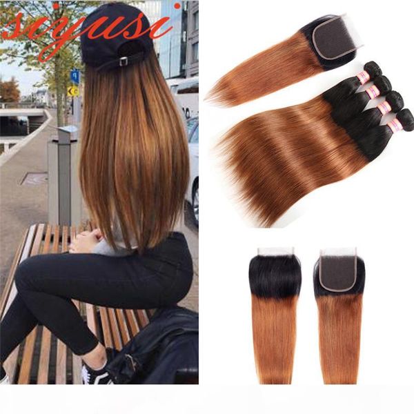 

peruvian straight hair bundles with closure 1b 27 ombre honey blonde human hair bundles with closure 1b 30 human hair weave with closure, Black;brown