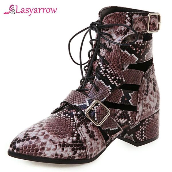 

boots lasyarrow ankle snake for women pointed square heels cross tied hollow snakeskin booties size 46 summer shoes j893, Black
