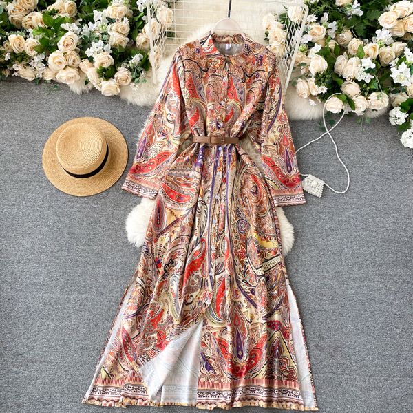 

2021 new female singer maxi print long the neck stripes line romantic autumn vacation dress palace style cbkg, Black;gray