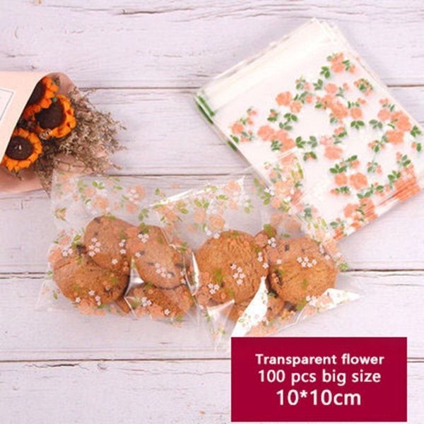 

100pcs self adhesive packaging bag transparent pink rose white flower green leaf soap biscuits birthday party gift bag1