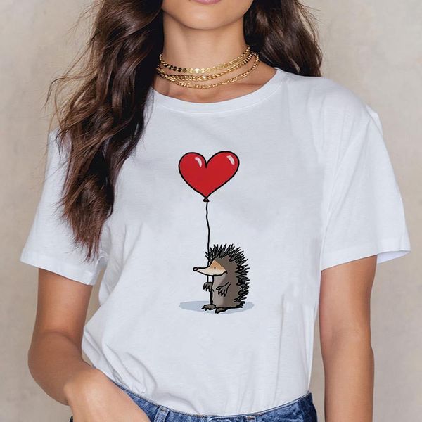 

new t-shirt female hedgehog with heart pattern ballon tshirt loose summer tee shirt female easy matching round neck t-shirts, White