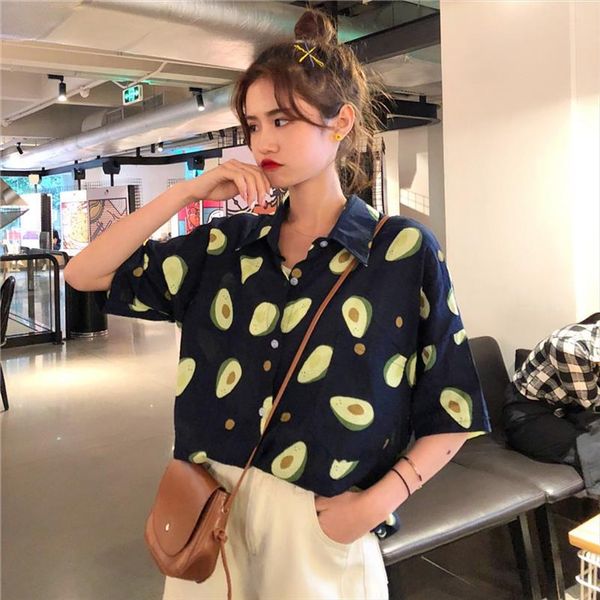 

women blouse short sleeve casual summer avocado print shirt turn down collar beach hawaiian shirts streetwear couple shirts, White