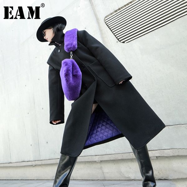 

[eam] loose fit black contrast color big size woolen coat parkas new long sleeve women fashion tide spring autumn 19a-a318 201111