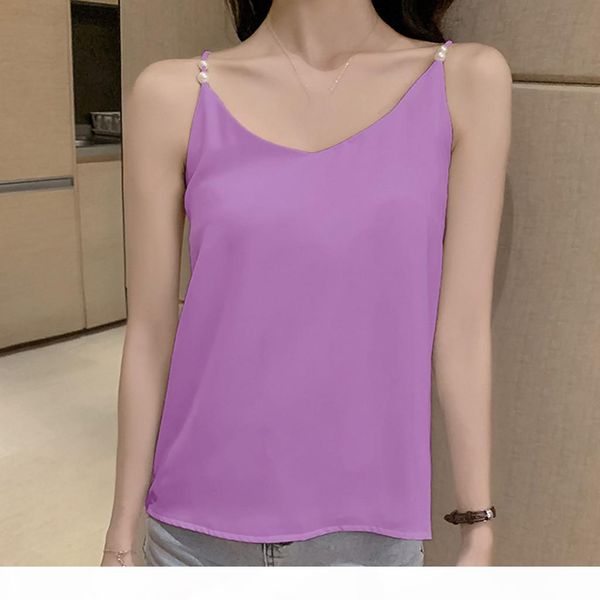 

korean camis tank vest street women v-neck casual sleeveless pearl girls solid loose pullover tees female cold shoulder, White