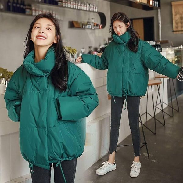 

2021 new winter women fashion korean solid jacket cotton-padded warm coat loose stand collar harajuku short oversized parkas 121, Black