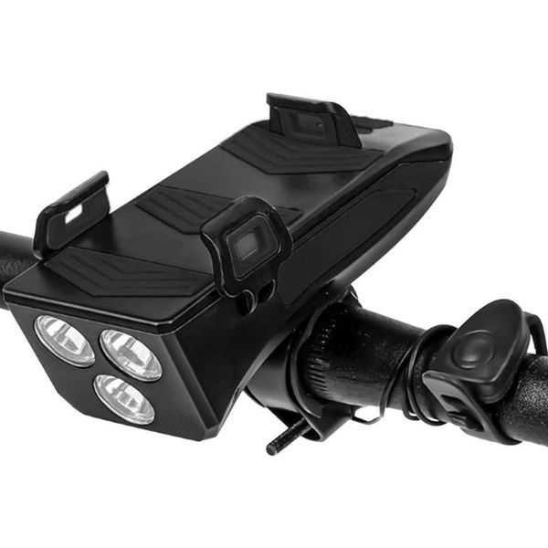 

2000mah 4 in 1 bicycle usb rechargeable led headlight bike horn phone holder powerbank cycling light