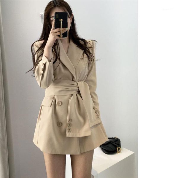 

hzirip 2020 chic fashion all match feminine v-neck lace-up minimalist plus elegance solid brief gentle women loose blazers1, White;black