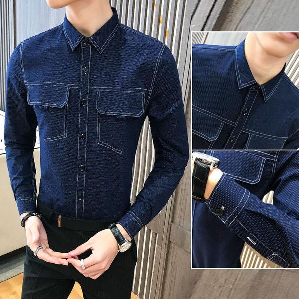 

men's long-sleeved shirt 2020 spring and summer new solid color slim denim shirt young personality fashion trend men's clothing, White;black