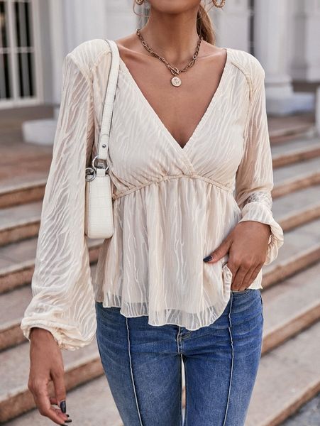 

plunging neck lantern sleeve peplum blouse d8u3#, White